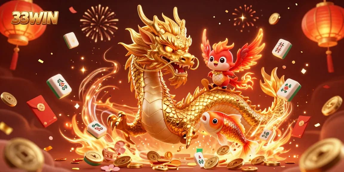Engage with the thrilling world of 33WIN, showcasing vibrant dragons and golden koi fish.