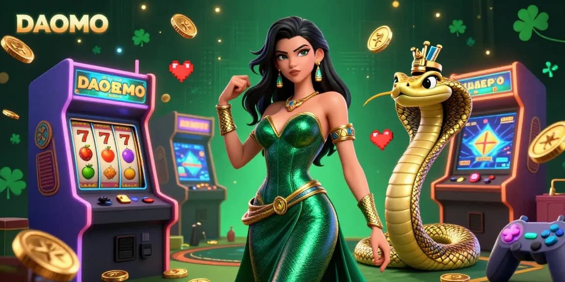 Engage with DAOMO's immersive gaming experience featuring vibrant scenes of slot reels and golden elements.