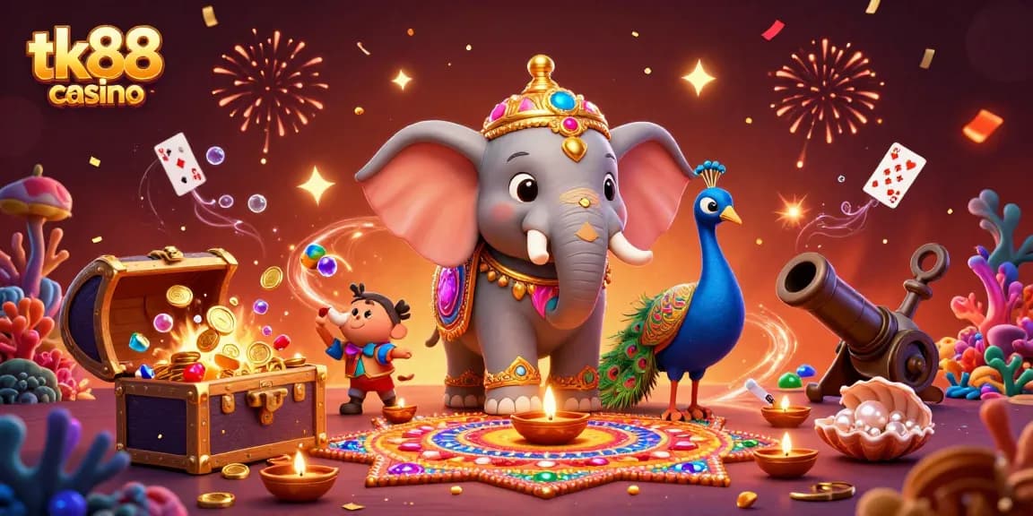 Experience the excitement of tk88 casino with a vibrant 3D illustration showcasing a Diwali-themed elephant amid dynamic casino elements.
