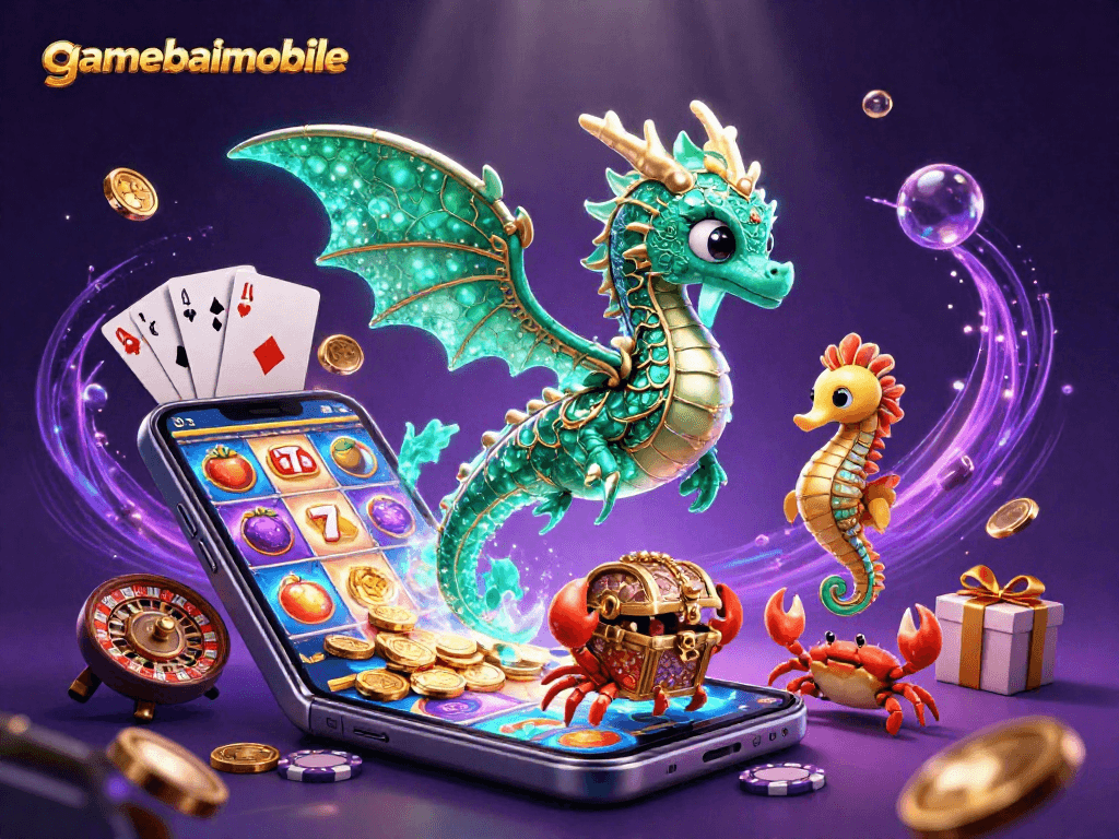 Experience the excitement of gamebaimobile with vibrant 3D casino elements, including a sea dragon and treasure!