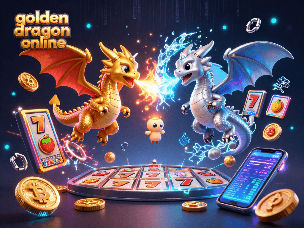 Engage with golden dragon online through an enchanting 3D scene featuring golden and silver dragons amidst vibrant casino elements.