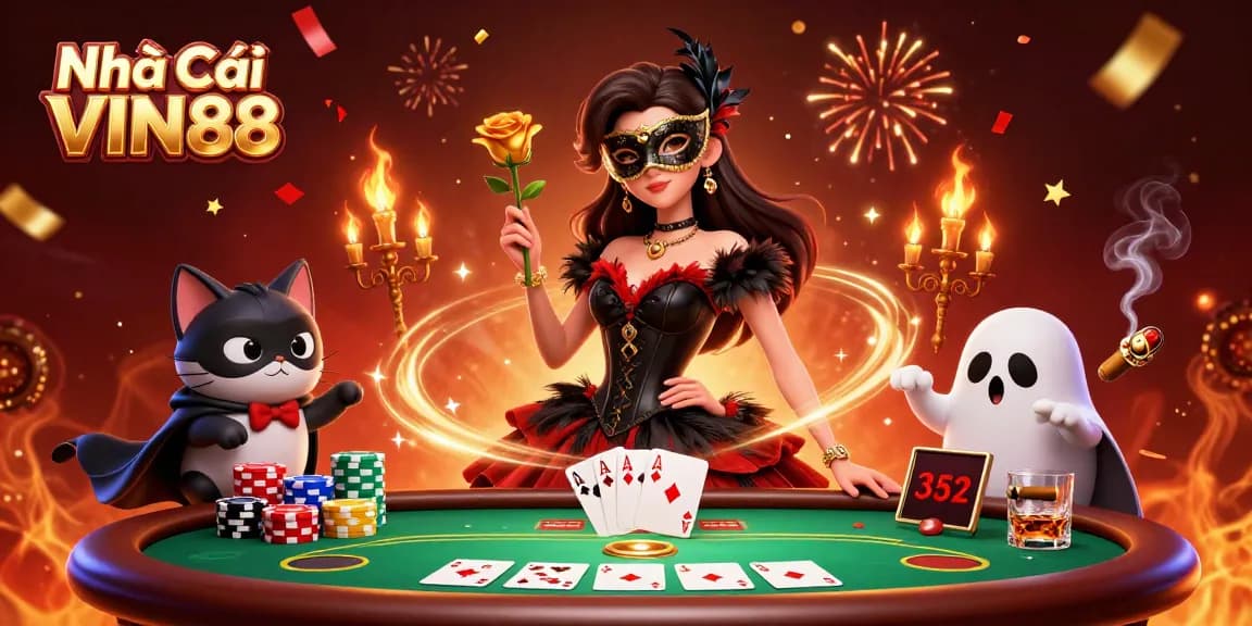 Engage in thrilling games at Nhả Cái VIN88 with poker tables and vibrant characters!