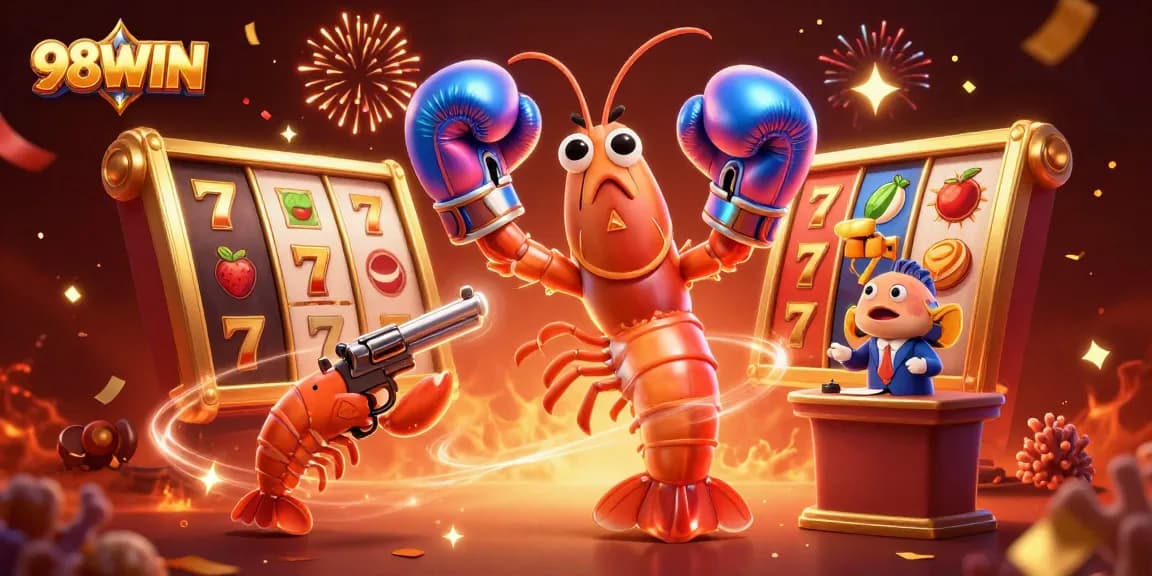 Experience thrilling action with 98WIN's vibrant casino characters amidst festive elements.