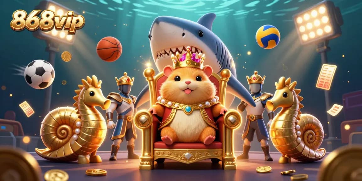 Engage with 868vip's dynamic betting universe featuring a golden hamster king amidst sports chaos.