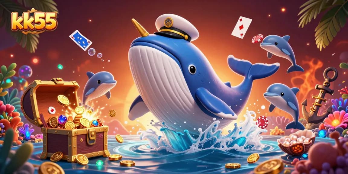 Engage with kk55's vibrant gaming experience featuring an energetic cartoon scene of a whale, a narwhal, and playful dolphins.