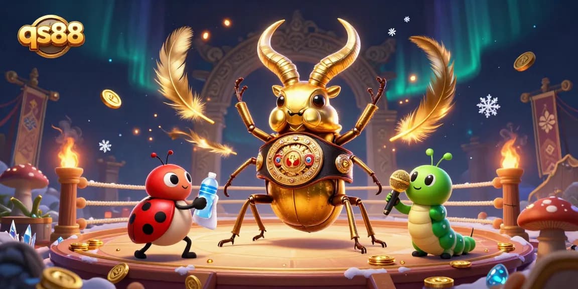 Engage at qs88 with a vibrant casino battle featuring a golden stag beetle and ladybug in a dynamic gambling scene.