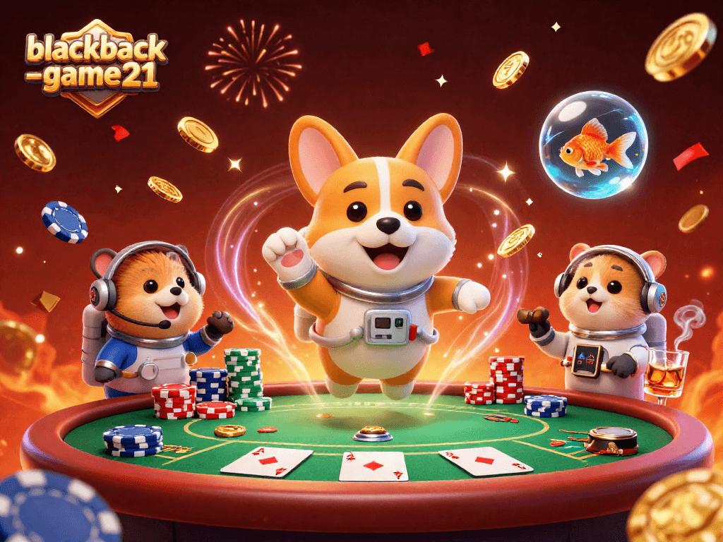 Play blackjack-game21 in a vibrant space casino with animated characters and golden coins floating.