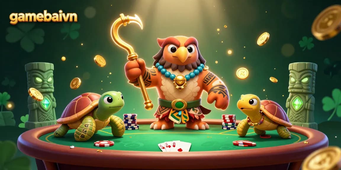 Engage with poker strategies at gamebaivn through our vibrant 3D poker scene illustration, showcasing competitive gameplay.