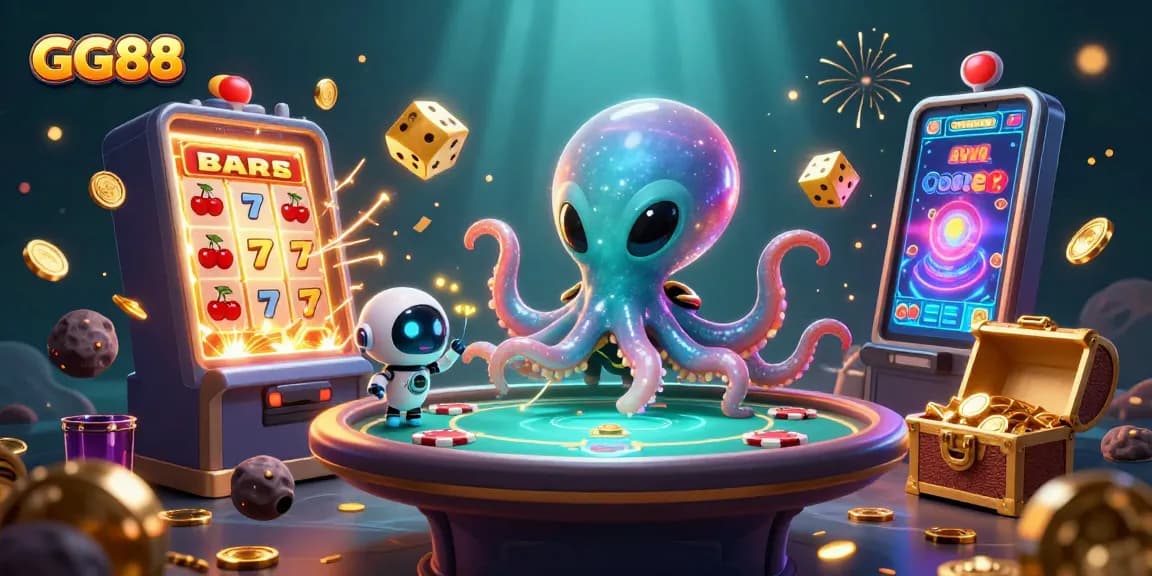 Experience exciting GG88 gameplay with a holographic poker table hosted by an alien octopus.
