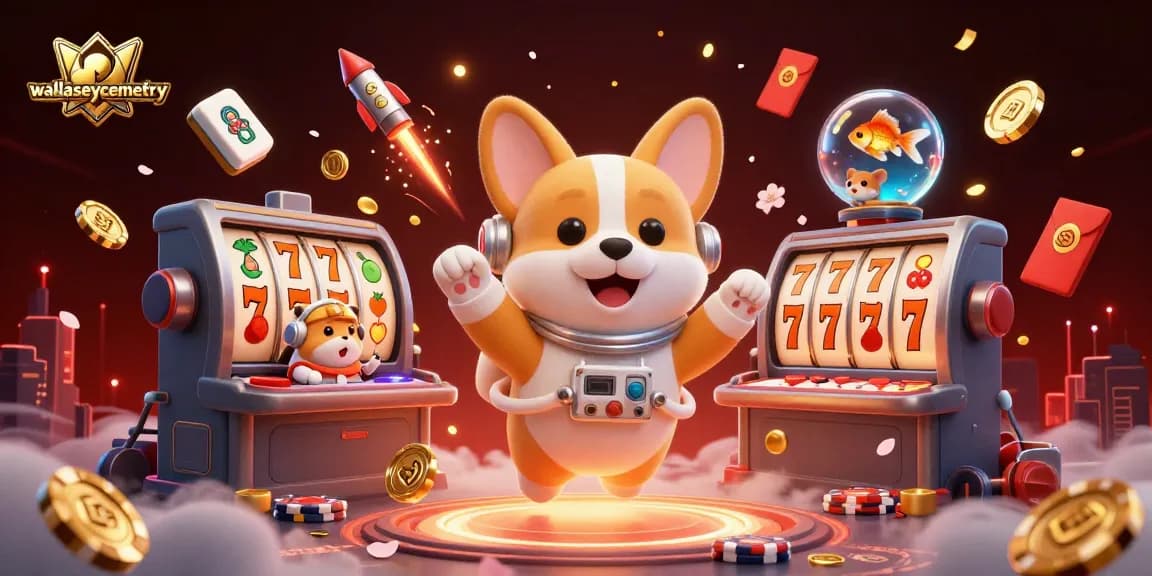 Engaging scene of wallaseycemetery with a playful astronaut corgi in a space casino.