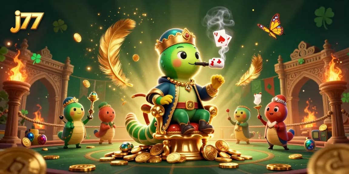 Experience thrilling gameplay at j77 with a lively 3D illustration of vibrant casino-themed characters and elements.