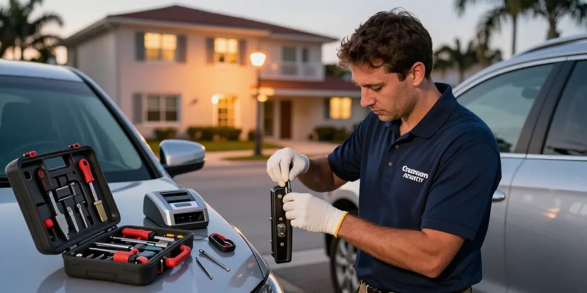 Expert locksmith near Fort Lauderdale fixing a car lock with precision tools in a vibrant urban setting.