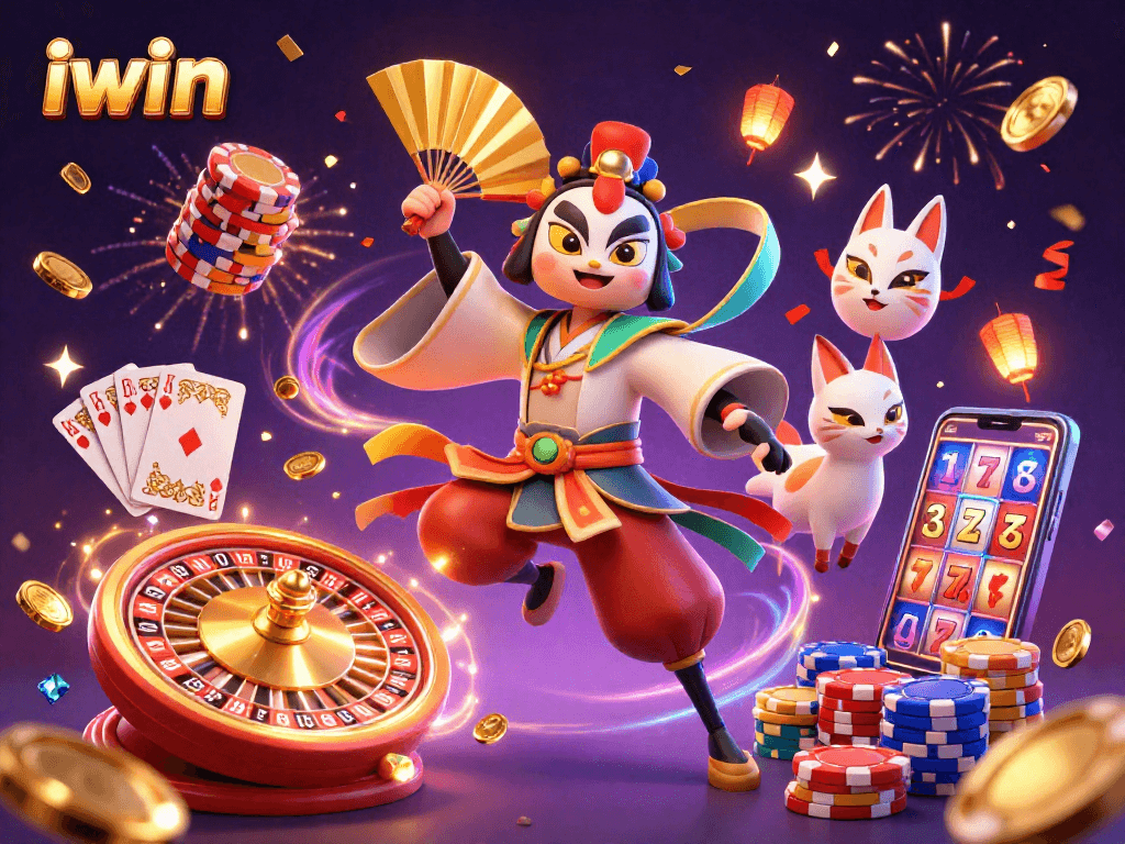 Experience the thrill of iwin's casino with kabuki warriors and gold coins illuminating the scene.
