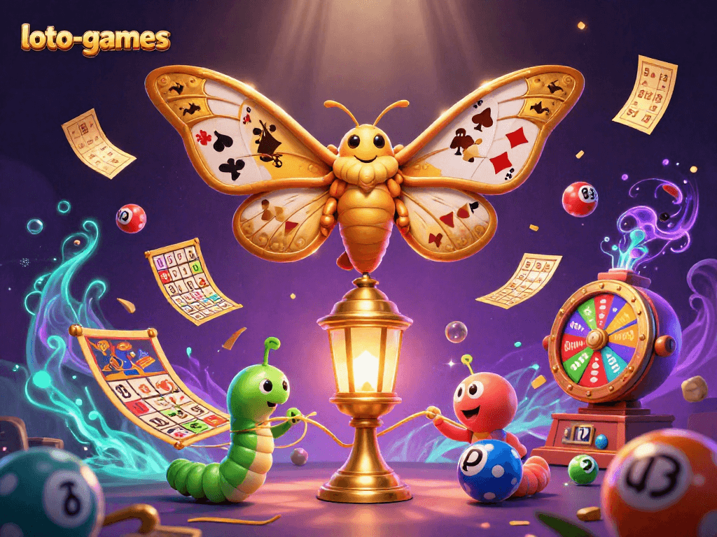Experience the vibrant excitement of loto-games with colorful lottery elements and a dazzling moth illustration.