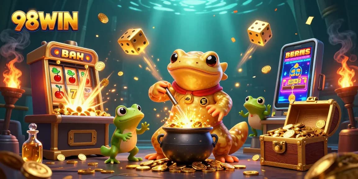 Immerse in 98WIN's captivating scene with a golden salamander alchemist crafting wealth in a magical casino