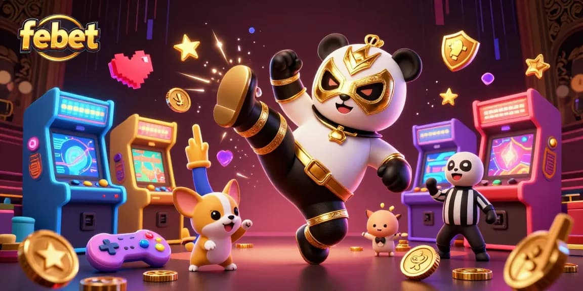 Experience febet gaming excitement with a vibrant scene of cartoon wrestlers, casino machines, and cheers.