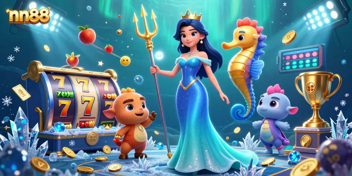 nn88 showcases a vibrant underwater casino scene with slot reels and dynamic elements.