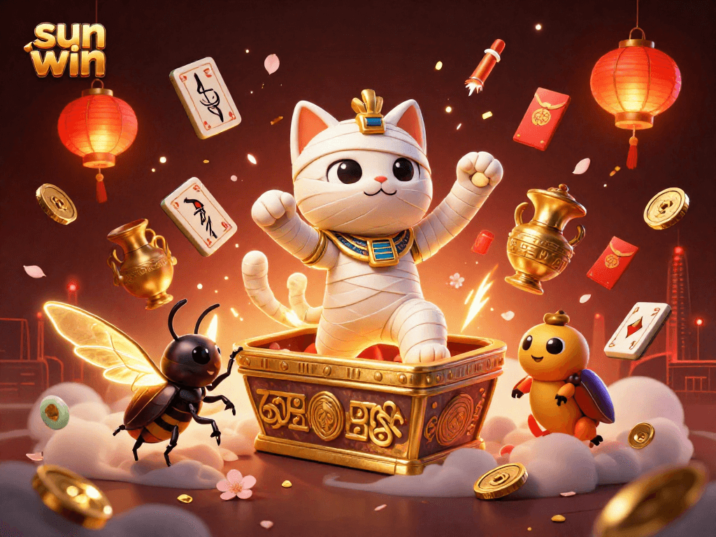 Experience the excitement of sun win with an Egyptian mummy cat amidst casino treasures and vibrant symbols.