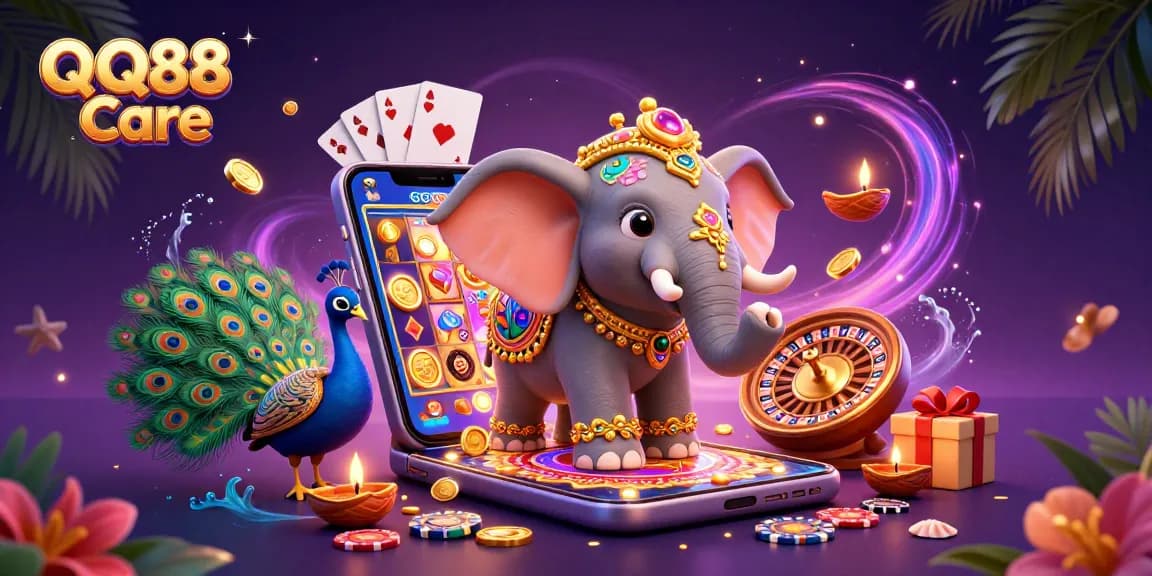 Players enjoy exciting slot games and promotions with QQ88 Care in a vibrant casino scene.