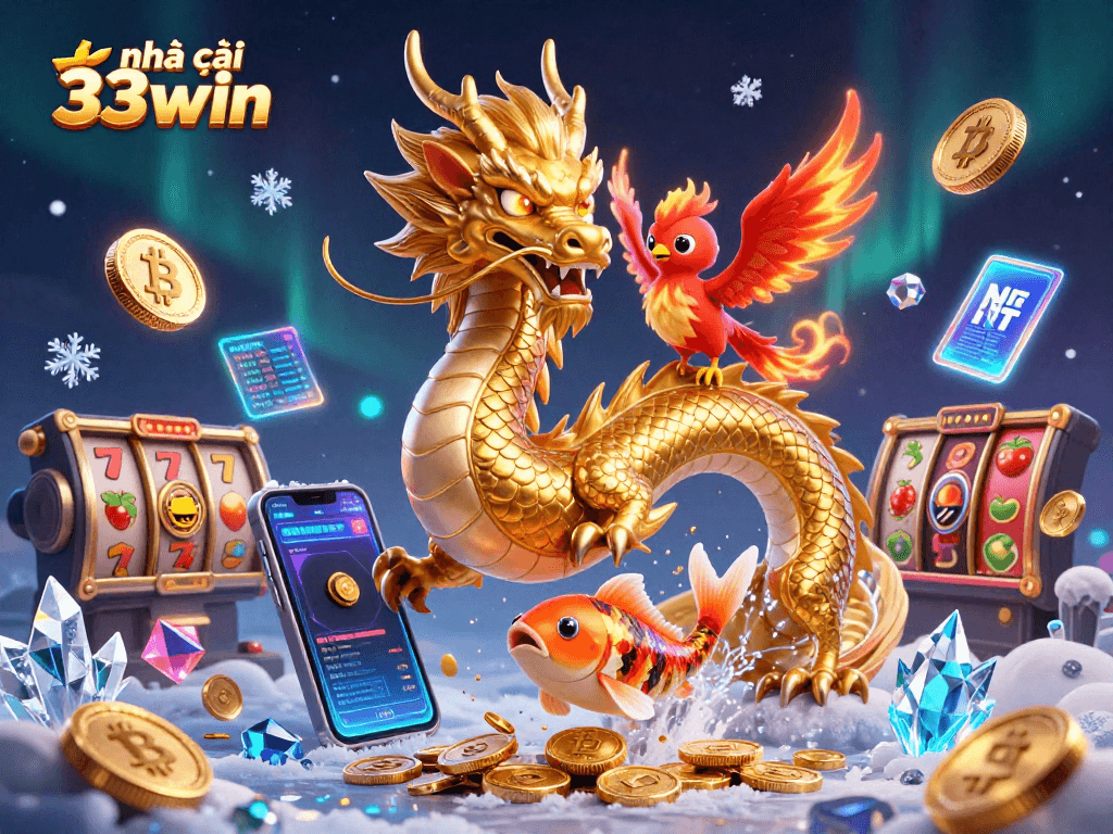 Play slots at nhà cái 33win with a golden dragon, phoenix, and koi fish amidst vibrant casino elements.