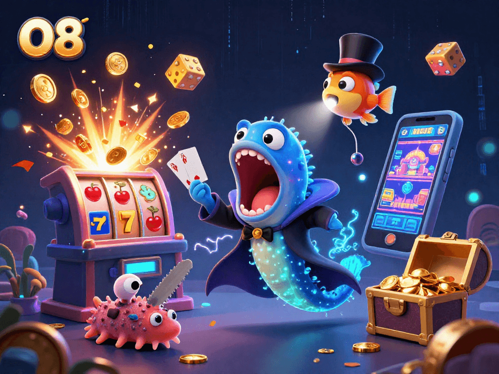 O8 enthusiasts experience thrilling gaming with vibrant 3D elements and magical effects.