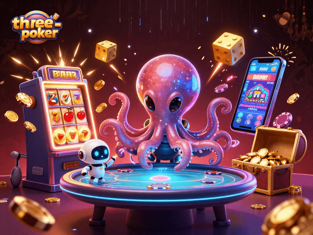Engaging three-card-poker scene with an alien octopus and robot, floating poker table, and asteroid poker chips.