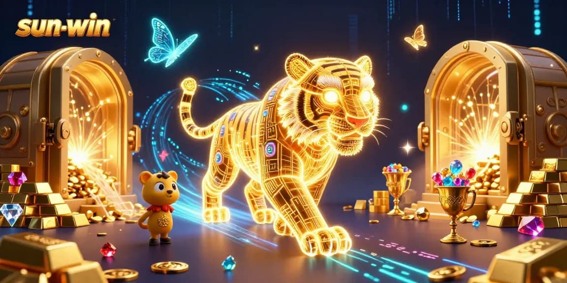 Spin into fun with sun-win’s vibrant casino scene showcasing a golden tiger and dazzling treasures!