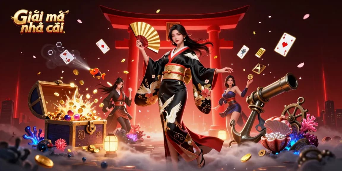Engage with Giãi mã nhà cái through a vibrant 3D illustration showcasing a traditional Asian-themed gambling scene.