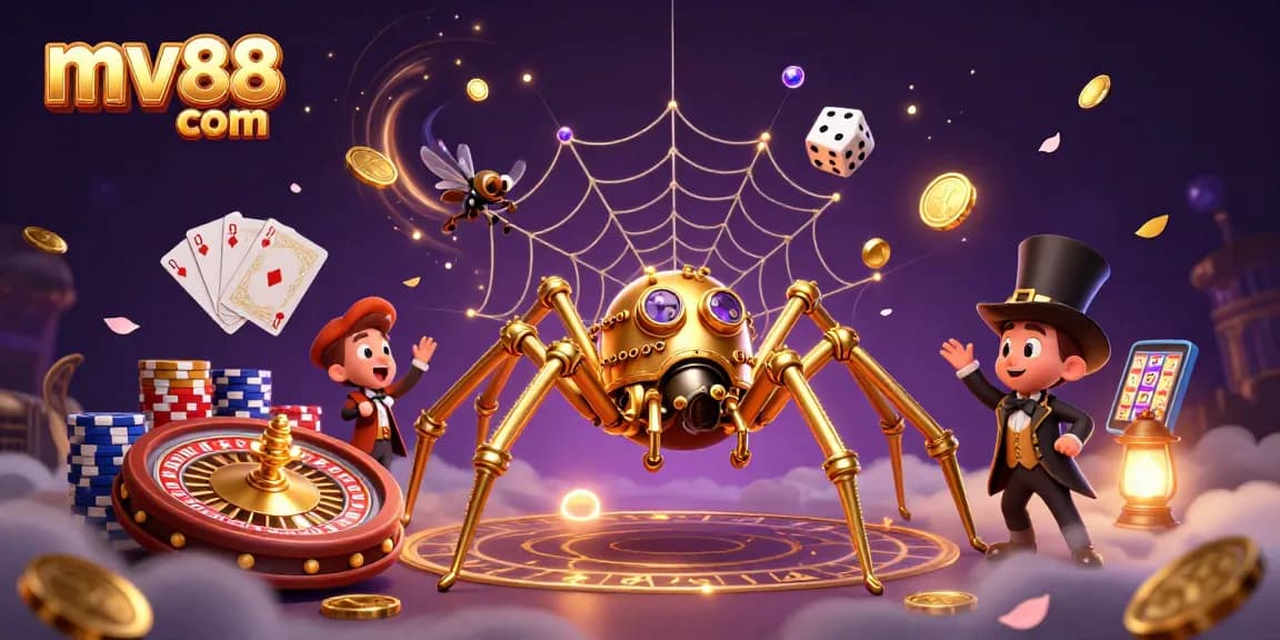 Experience thrilling gameplay with mv88 com as a cartoon spider intricately weaves a web of fortune.