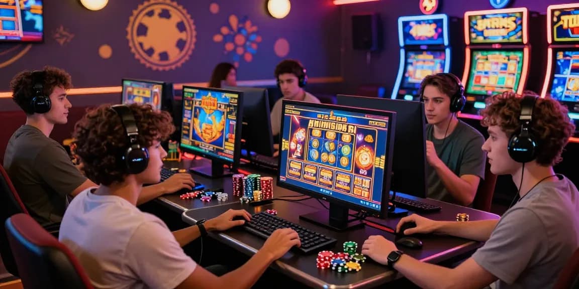 Players engaged in thrilling online slot games, showcasing excitement and vibrant gaming atmosphere.