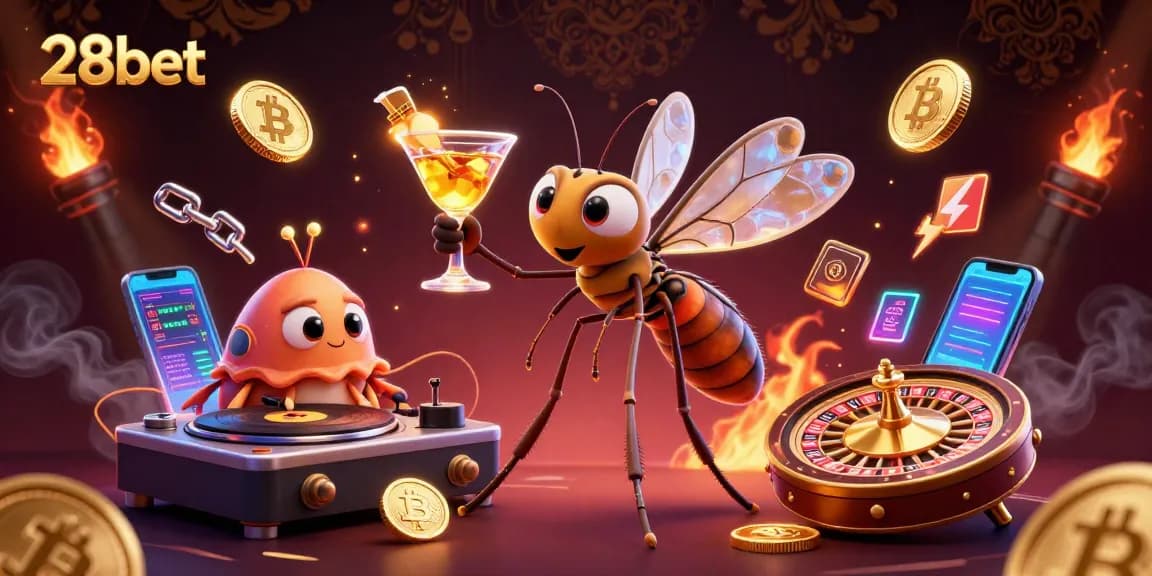 Engage with 28bet's vibrant casino scene featuring lively characters and glowing cryptocurrencies.