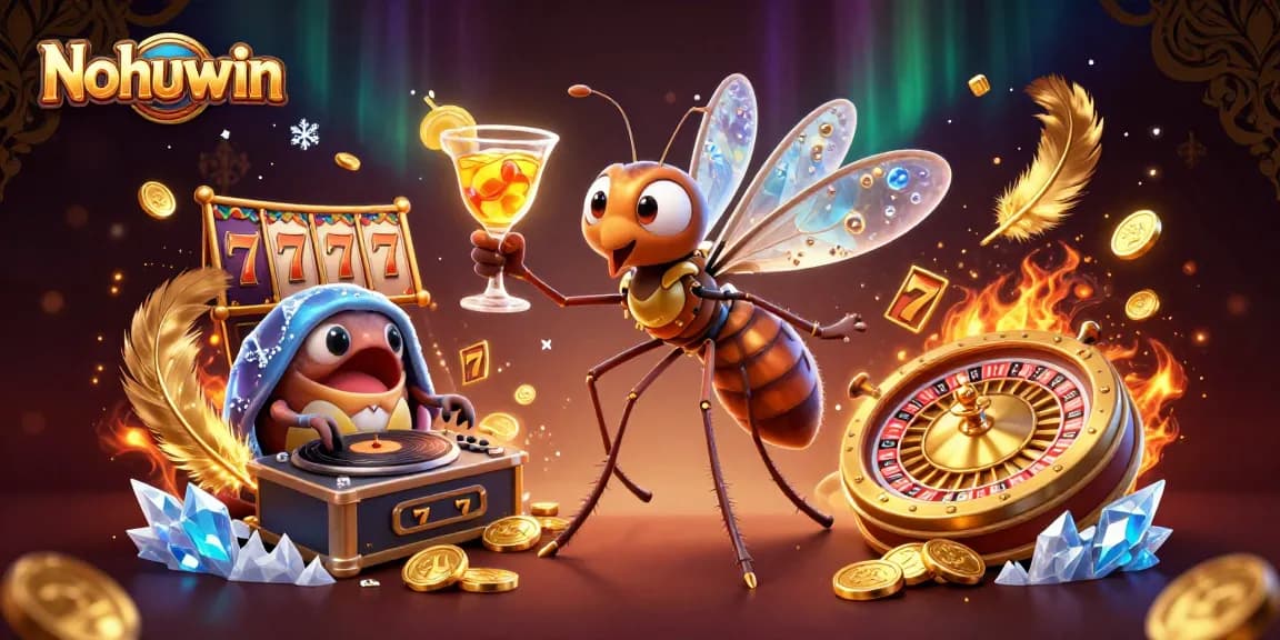 Nohuwin casino illustration featuring a mosquito mascot, trilobite DJ, and roulette wheel in a vibrant gambling scene.