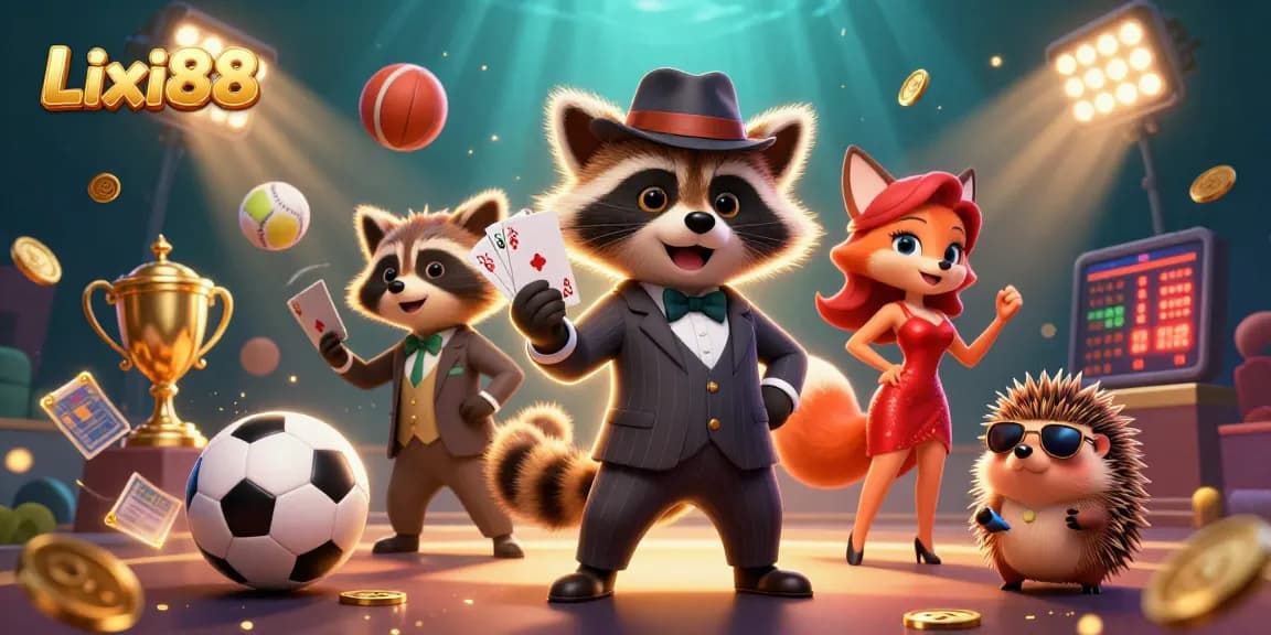 Experience thrilling games at Lixi88 with characters celebrating winning hands amidst a dynamic casino scene.