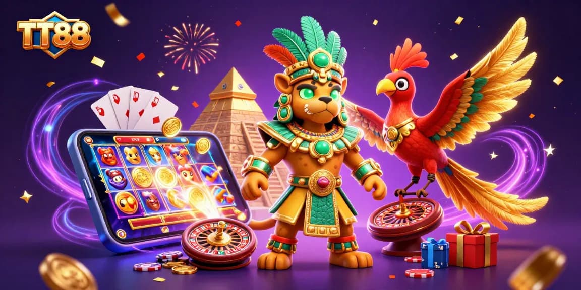 TT88's Mayan jaguar priest plays slots, surrounded by vibrant casino elements and dynamic energy.
