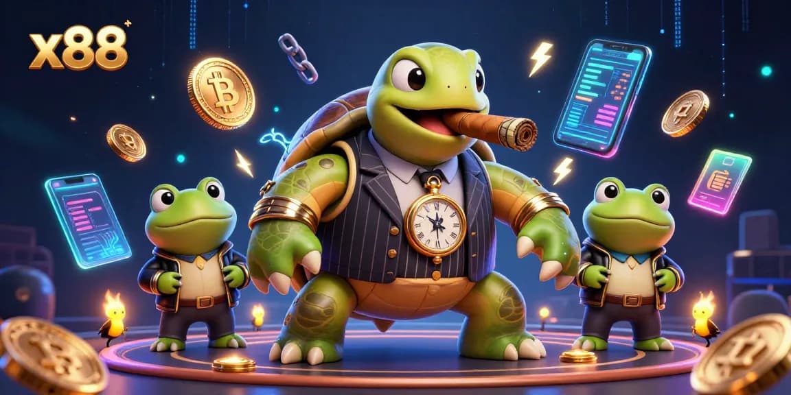 Play and win on x88 with the massive snapping turtle and enforcers in a vibrant casino scene.