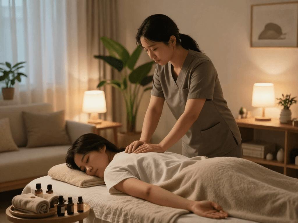 Relaxing 강서구출장마사지 session in a cozy home environment with a professional therapist.