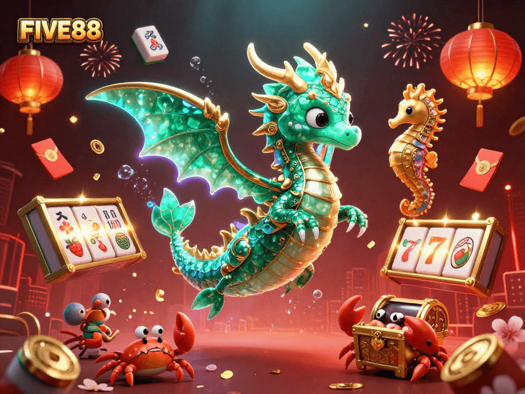 Engage with FIVE88's vibrant casino scene featuring a majestic sea dragon and slot elements.