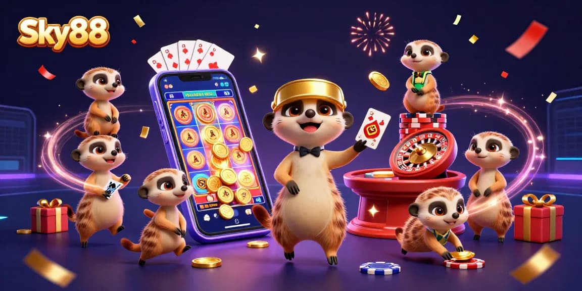 Experience the thrilling Sky88 casino with meerkats engaging in a lively gaming atmosphere.