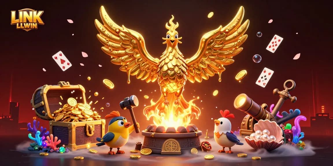 Win big with LINK LLWIN: A vibrant gaming scene featuring a golden phoenix and dynamic casino elements.