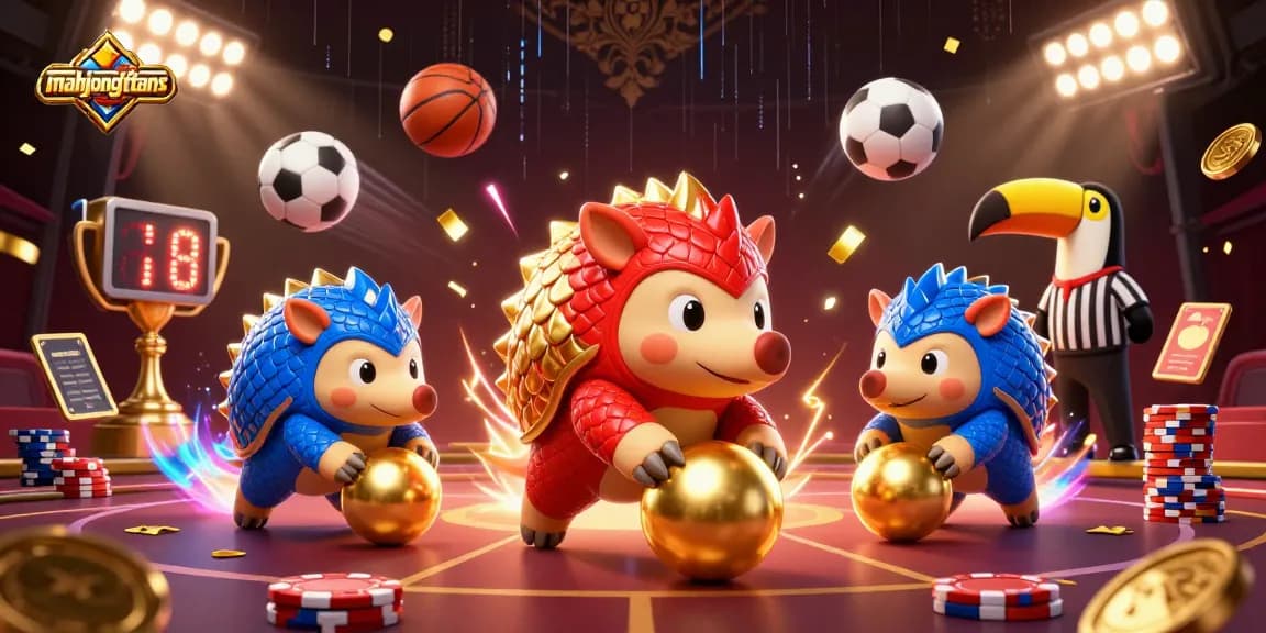 Pangolins in red and blue scales compete in mahjongtitans, bowling poker chips amid golden confetti.