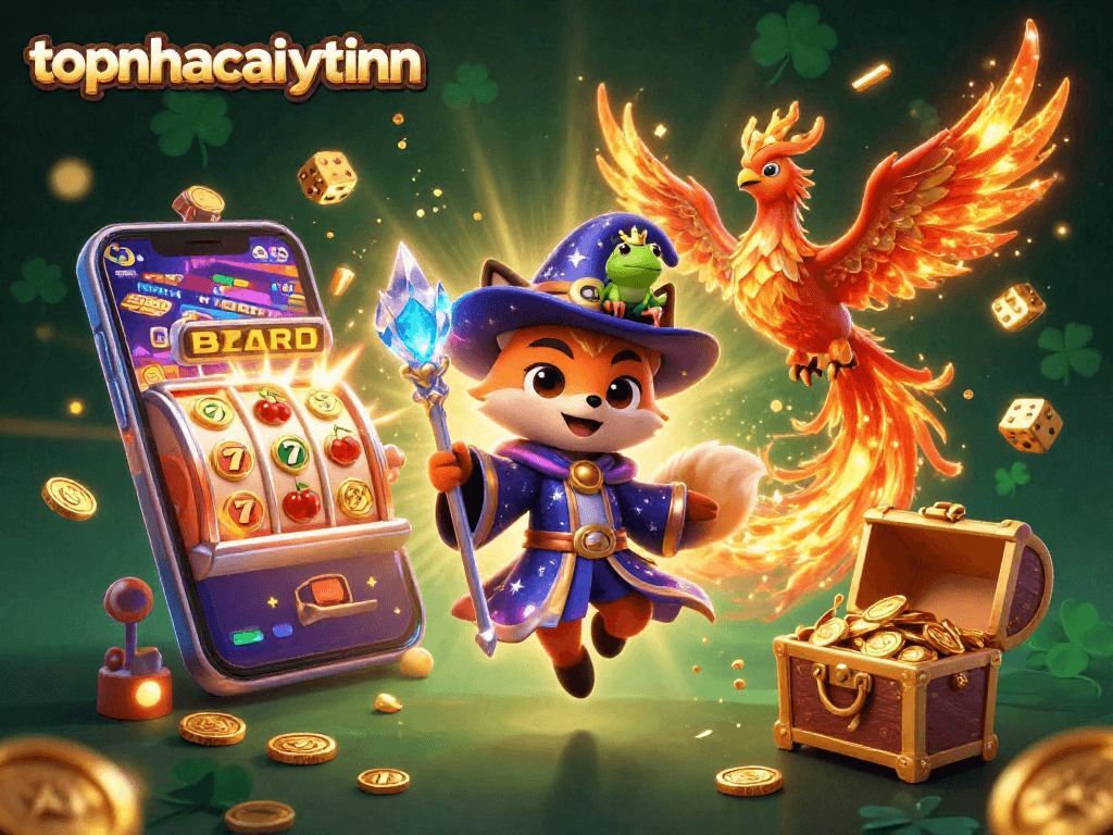 Engage with topnhacaiuytinn's thrilling gaming world featuring mystical characters, slot machines, and golden dice.