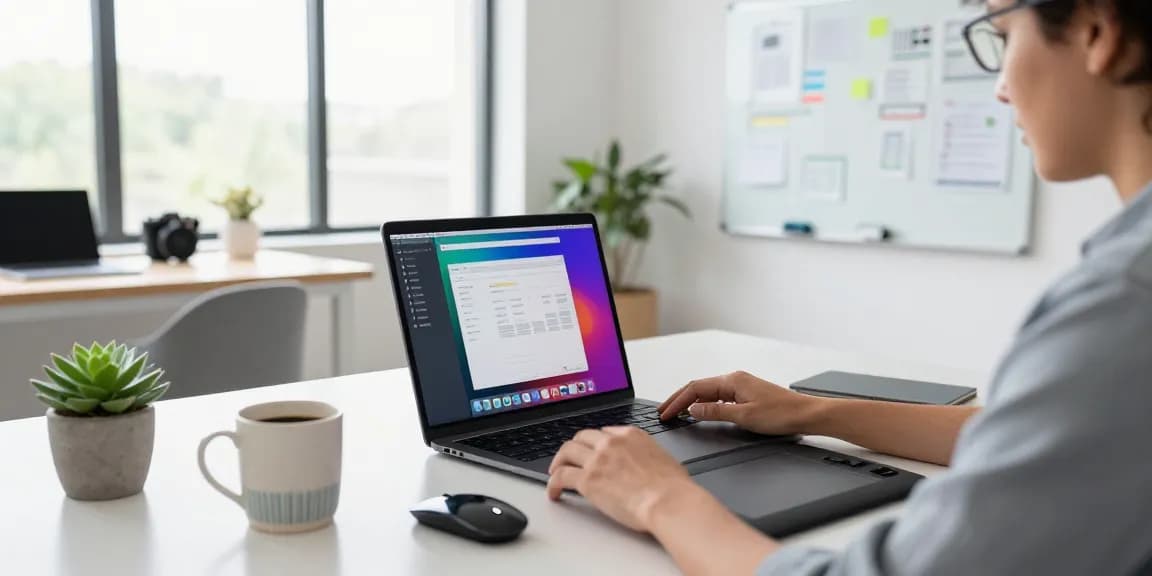 M5 MacBook in a modern workspace showcasing design graphics on screen, surrounded by tech gadgets and natural light.