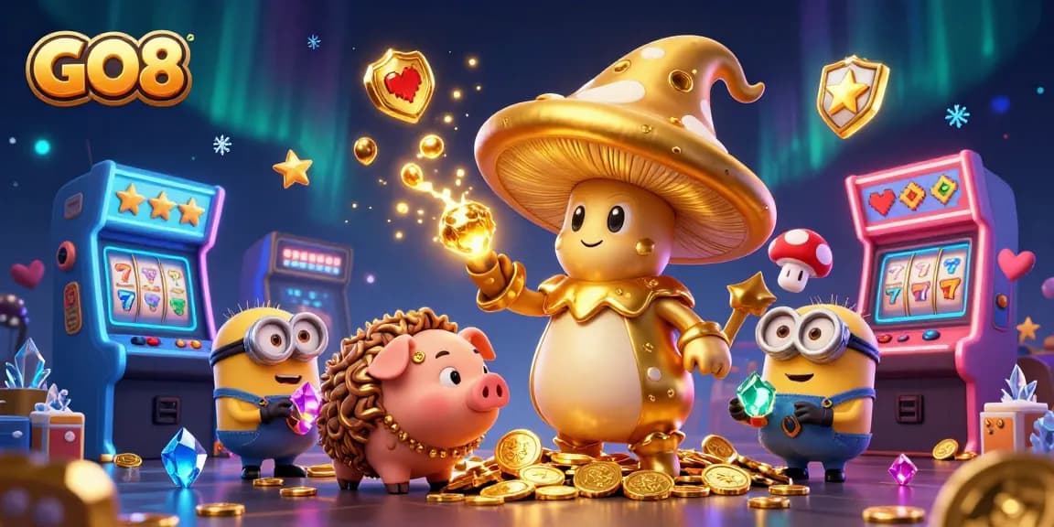 Experience winning with GO8's magical casino scene filled with golden treasures and vibrant gaming elements.