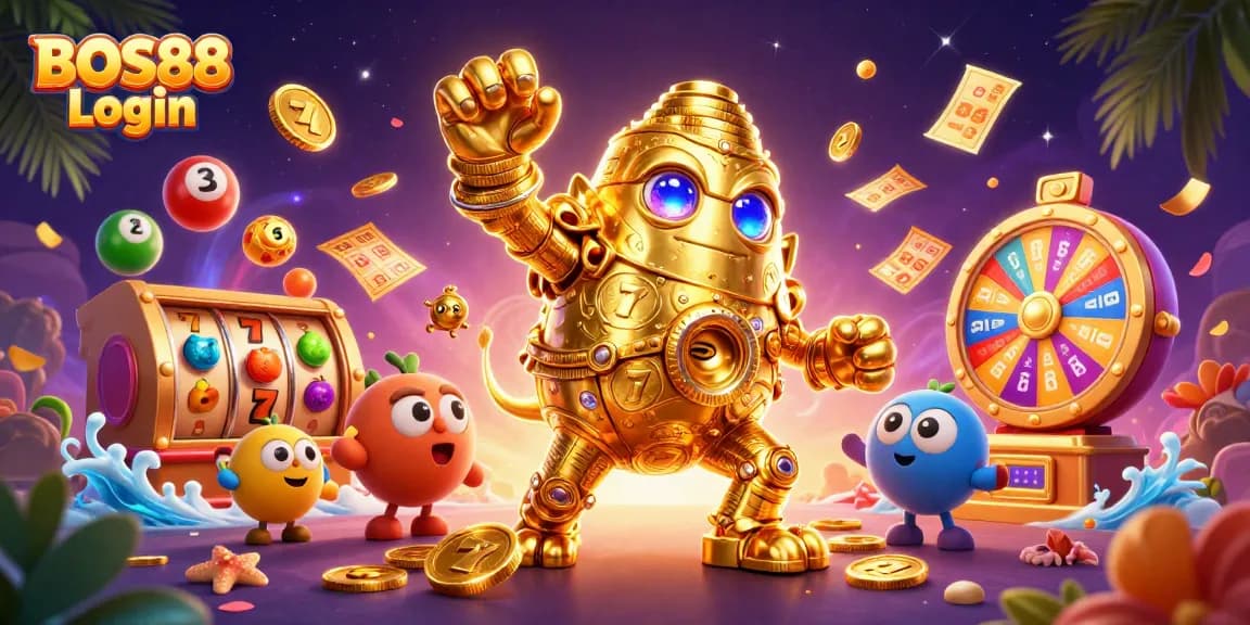 Bermain slot seru di BOS88 Login dengan golem emas dan simbol slot berkilauan di latar belakang.