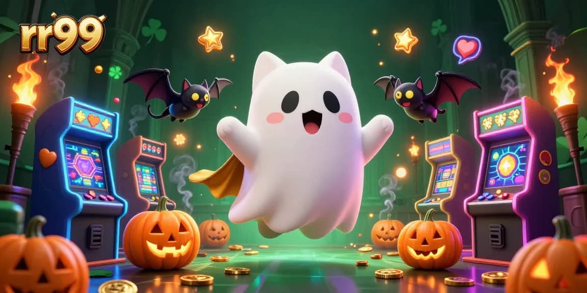 Spin to win at RR99 with a vibrant 3D ghost cat and friendly bat amidst glowing slot machines.