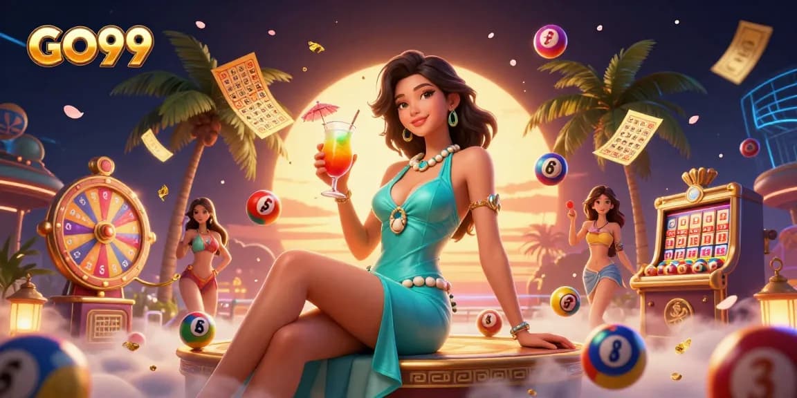 Experience GO99's premier gaming with vibrant casino elements in a stunning beach setting.