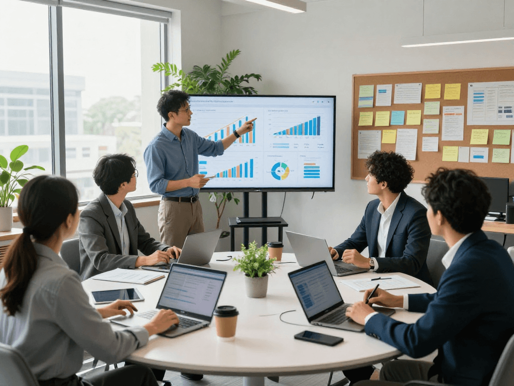 Team collaborating in a modern office, showcasing net88 analytics presentation and innovative workspace elements.