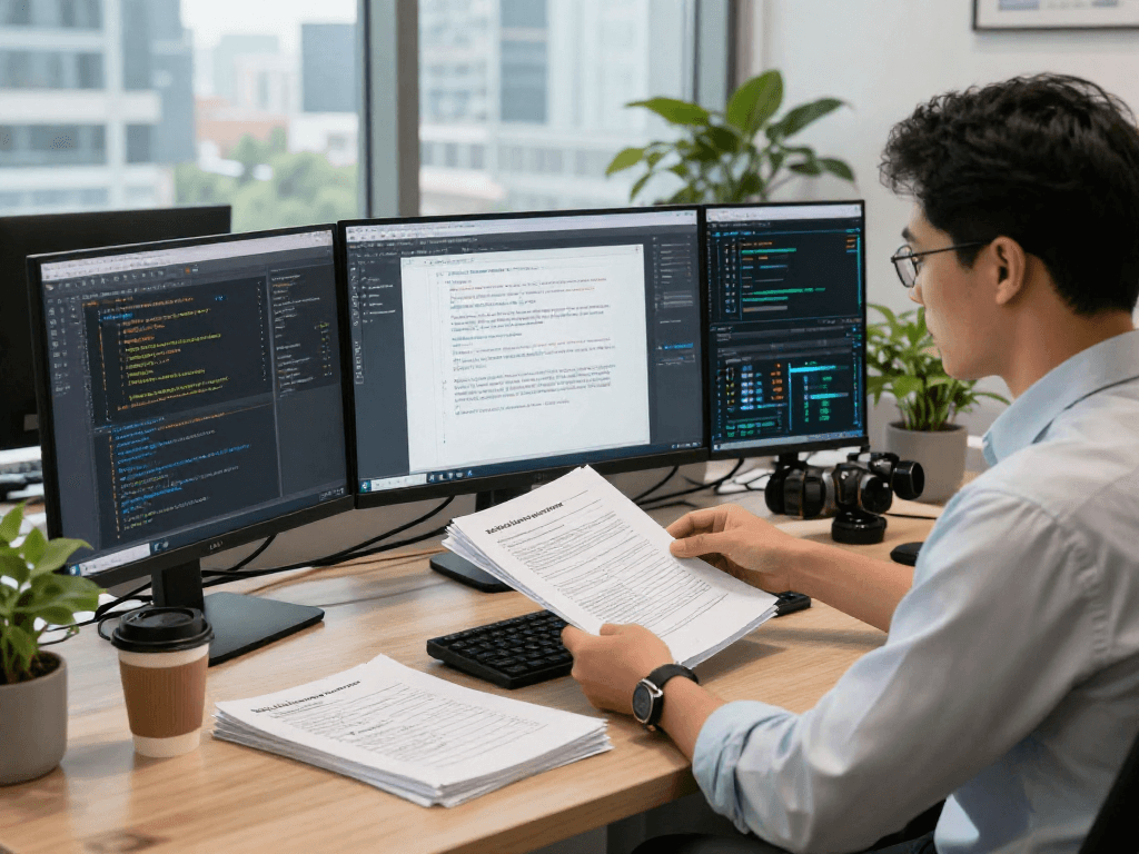 Document fraud detection analysis with forensic analyst reviewing advanced software in a modern office.