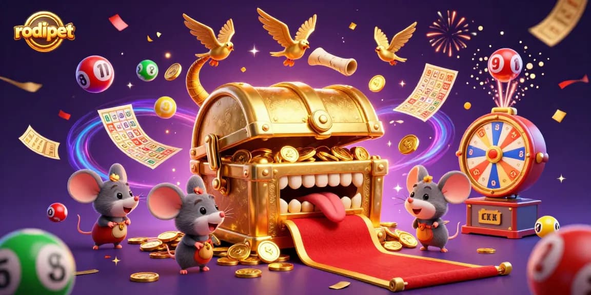 Rodipet lures players with a golden chest and vibrant lottery elements in a dazzling casino scene