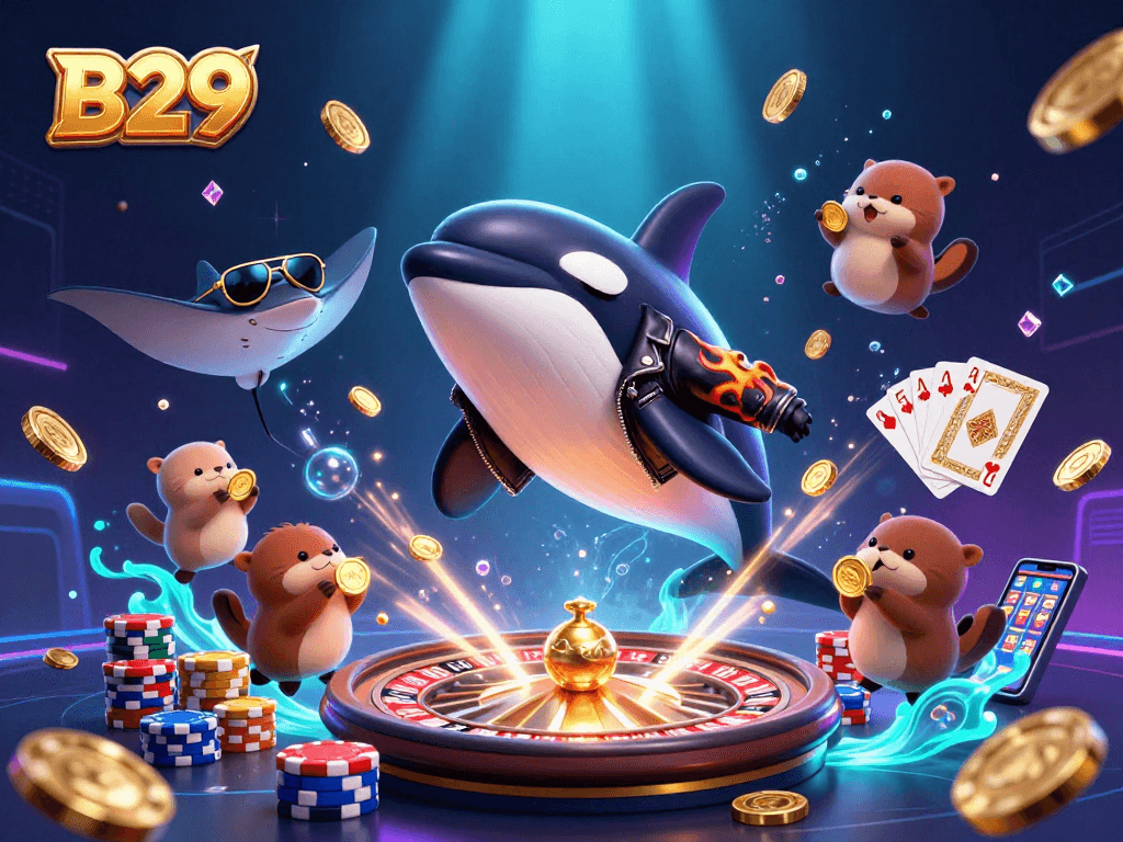 B29 players engage in thrilling fun with cartoon whales, otters, and casino elements floating in a lively ocean.